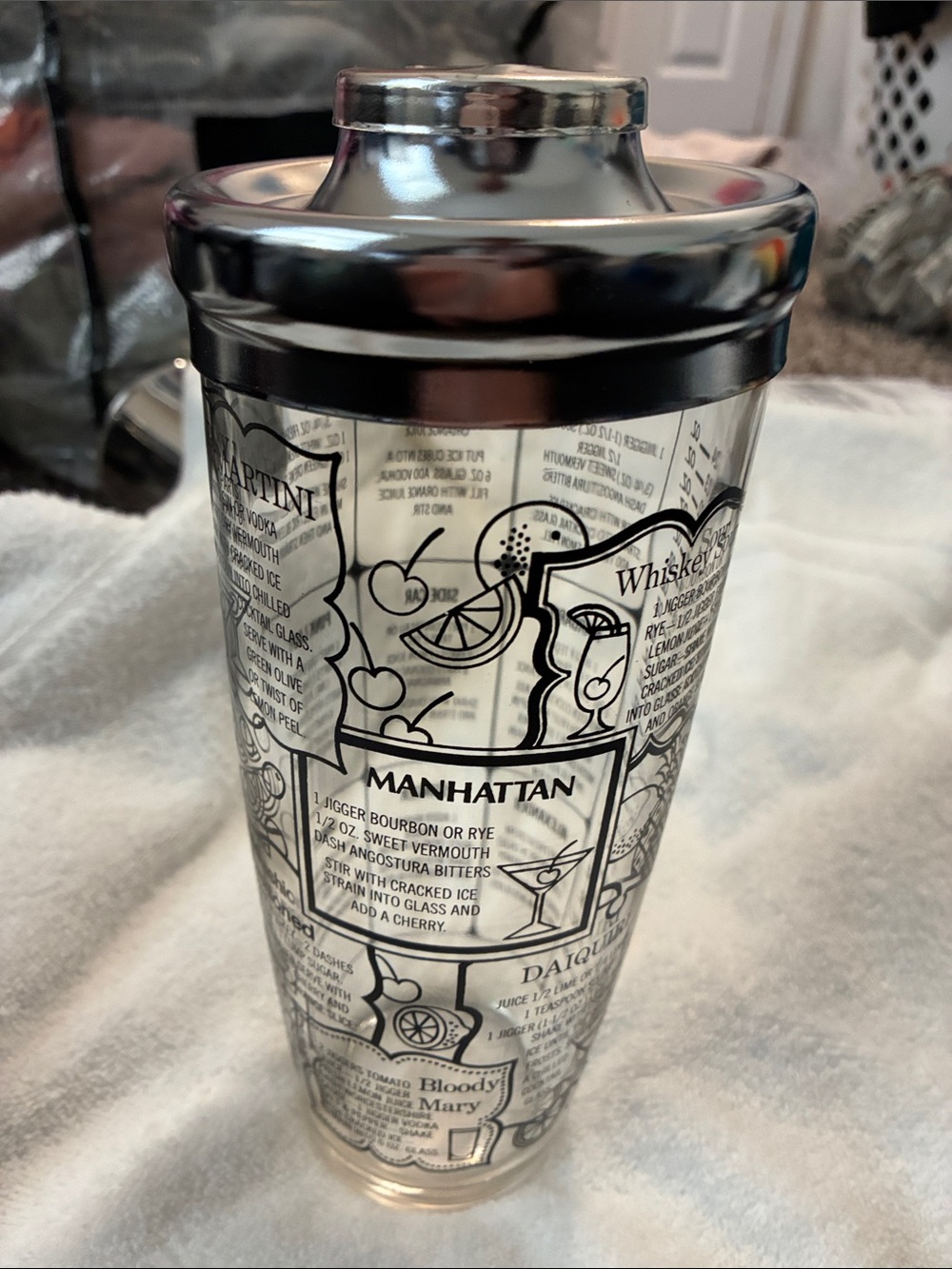 Manhattan Recipe Glass Cocktail Shaker with Silver Lid
